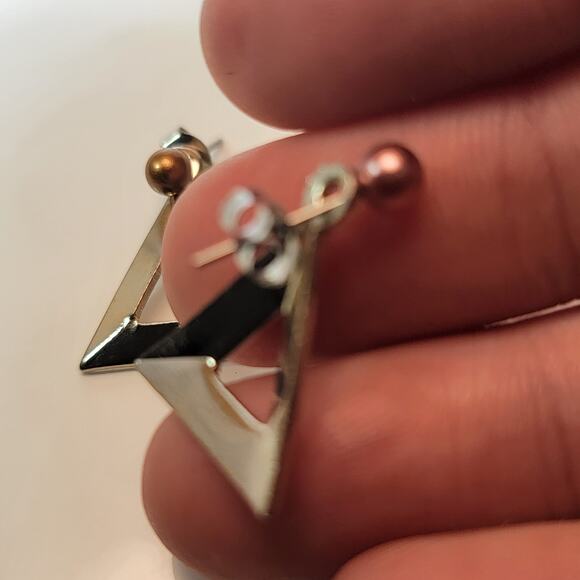 Geometric Silver Triangle Earrings with Pink and Gold Pearls, Modern Minimalist - Picture 6 of 10